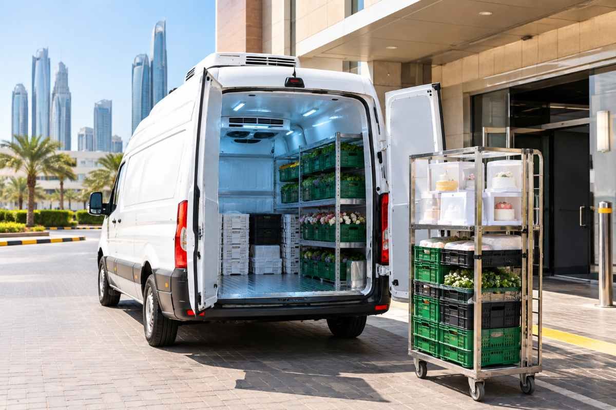 Hi roof chiller vans parked at a loading bay in Dubai