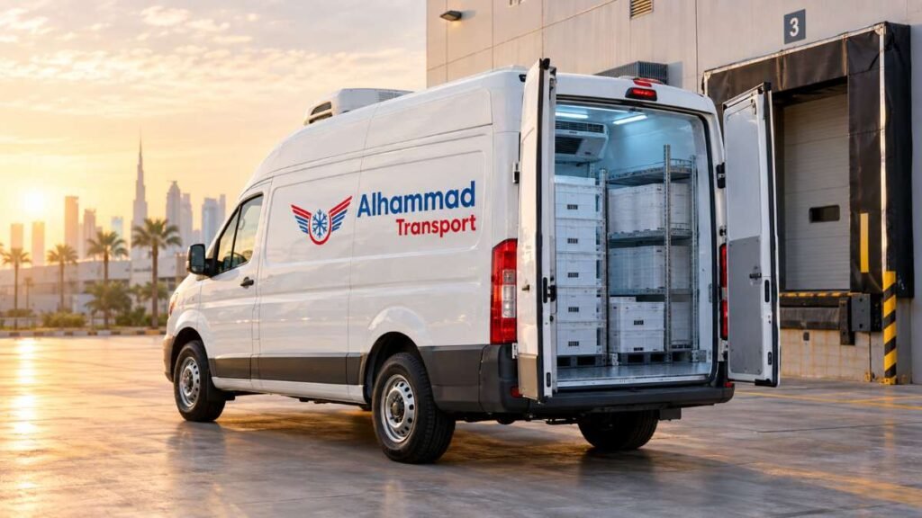 Hi roof chiller vans parked at a loading bay in Dubai