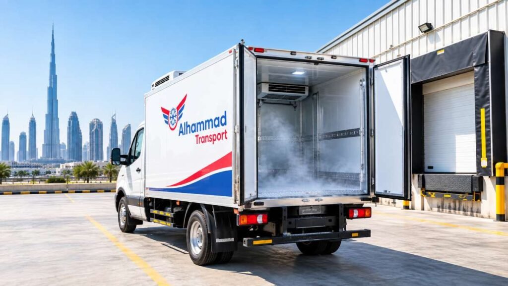 refrigerated transport systems: van with open doors and cold mist at a Dubai loading bay