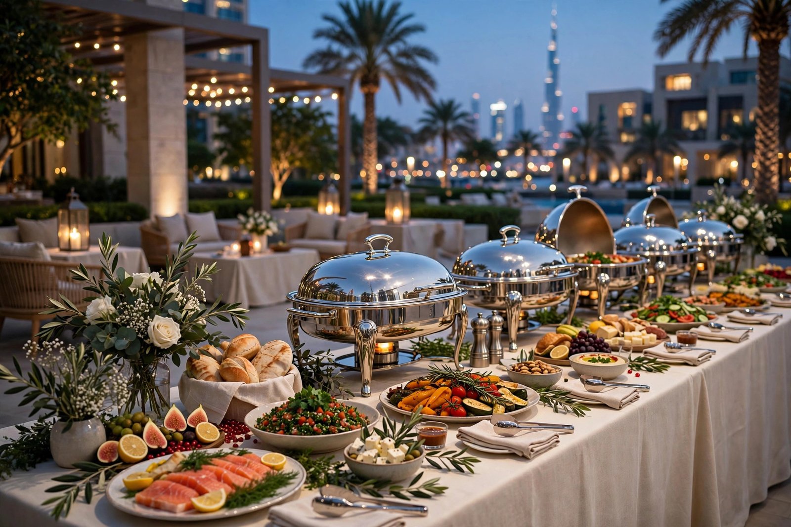 Outdoor wedding buffet in Dubai served from refrigerated catering transport