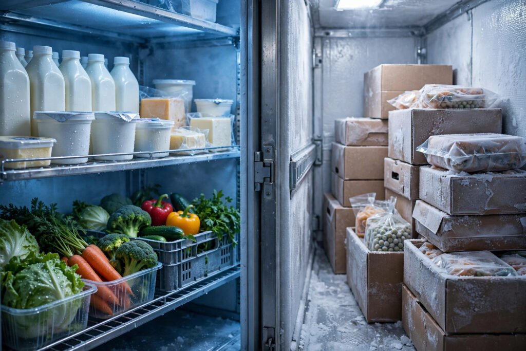 Split view of chilled and frozen cargo inside a refrigerated van.