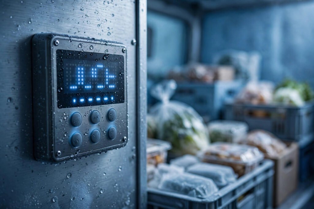 Close-up of a chiller van temperature control panel.