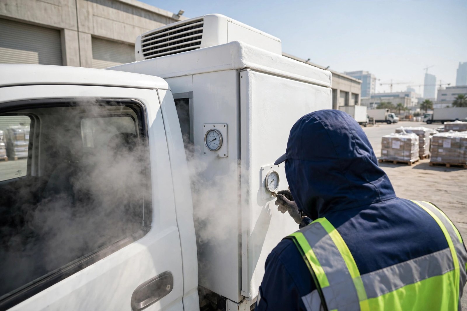 Driver checking the temperature gauge on a refrigerated van — an essential step when deciding between a chiller van vs freezer van.