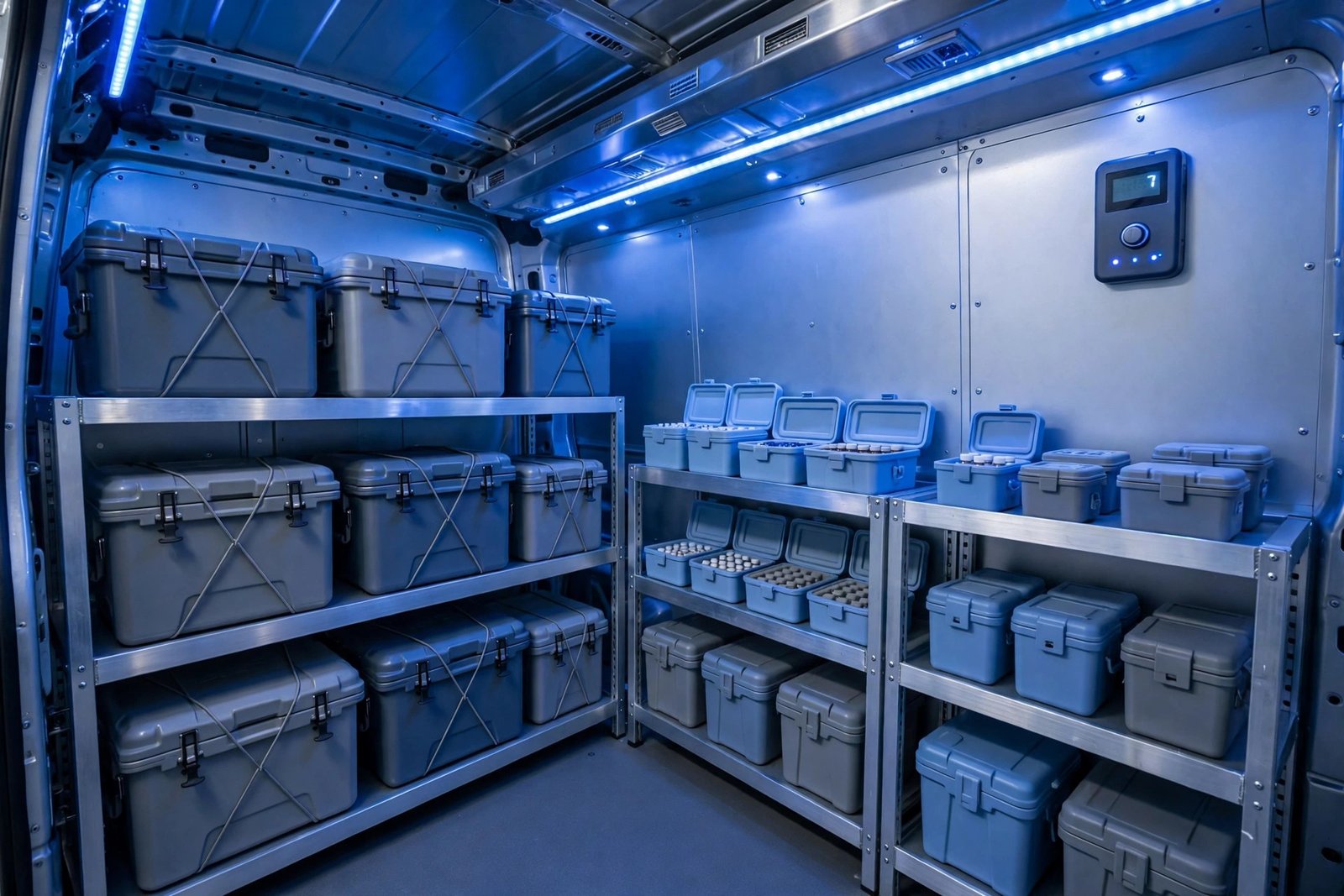 Insulated medical boxes with vaccines inside a temperature-controlled van