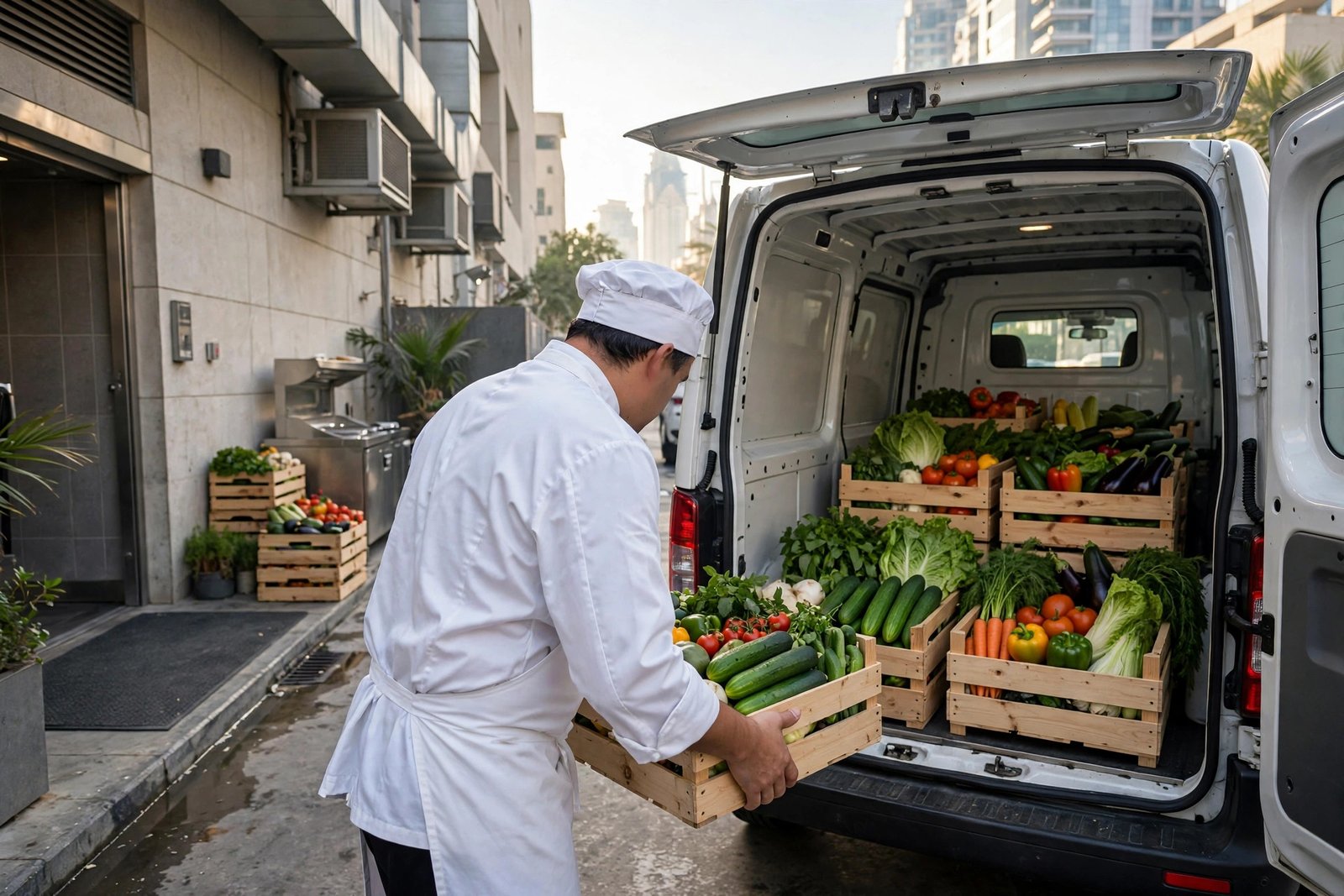 Chef loading fresh produce crates into a chiller van for hotel catering delivery in Abu Dhabi