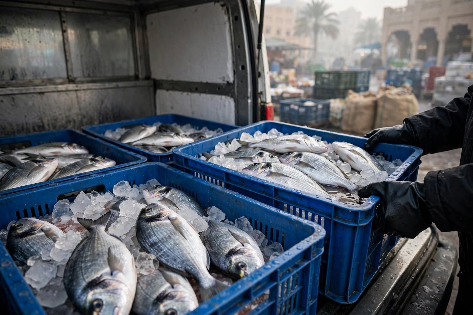 Refrigerated chiller van delivering fresh food supplies in Deira, Dubai
