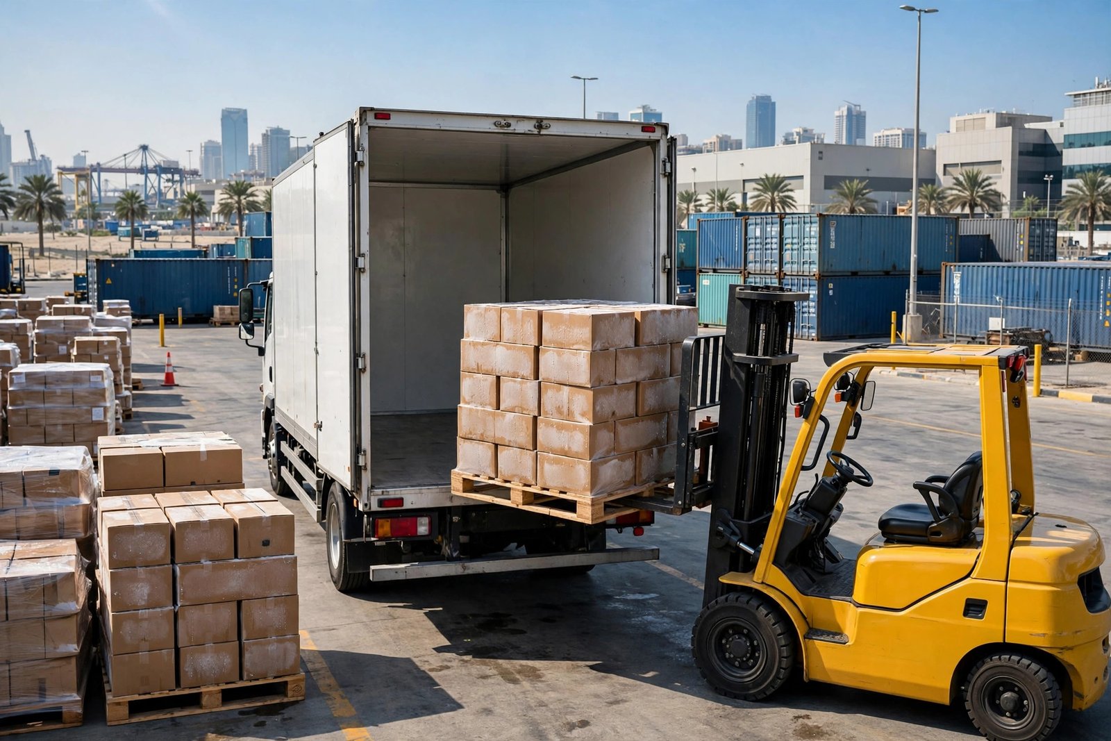 Forklift loading chilled food pallets into a refrigerated truck at a UAE logistics warehouse